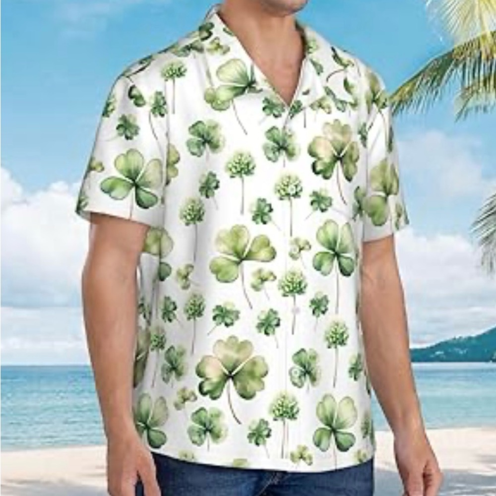 Green and White Casual Button Down Shirt with Tropical Print